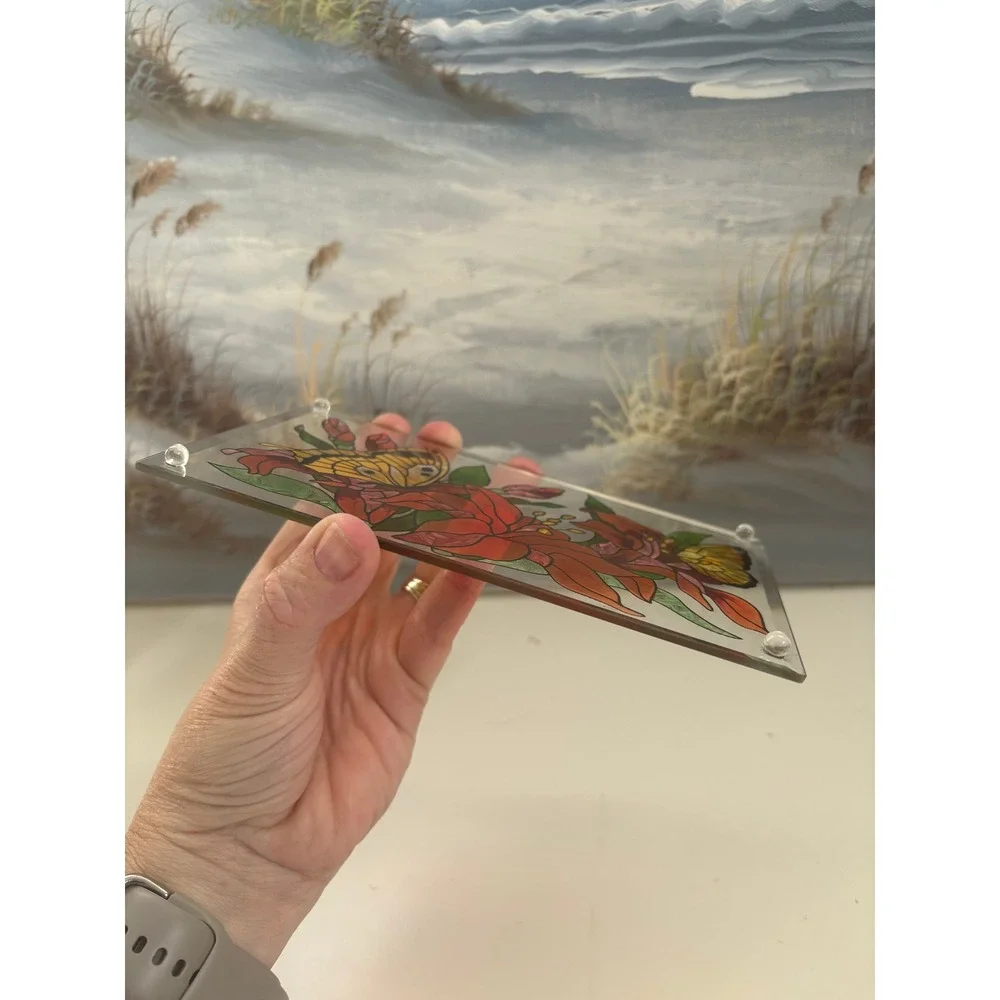 Hand Painted Glass Butterfly Lily Floral Tray Trivet Stained Glass Style 8x4